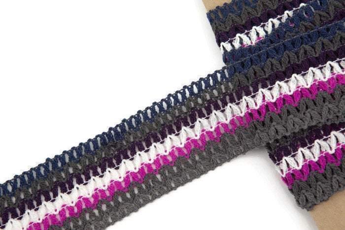 Olive Purple Multi Stripe Crochet Trim 2 inches width x 3.75 yards ATN00638 - Felinus Fabrics