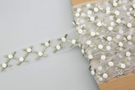 White Fabric Flowers Trim Mini Flowers Tiny Flowers on Organza Trim Flower Trim 1.5 inches width x 6 yards ATN00649 - Felinus Fabrics