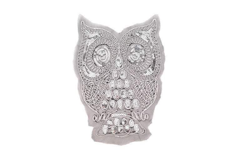 Gold and Silver Owl Embroidered and Sequined Applique on Black Mesh APP00151 - Felinus Fabrics