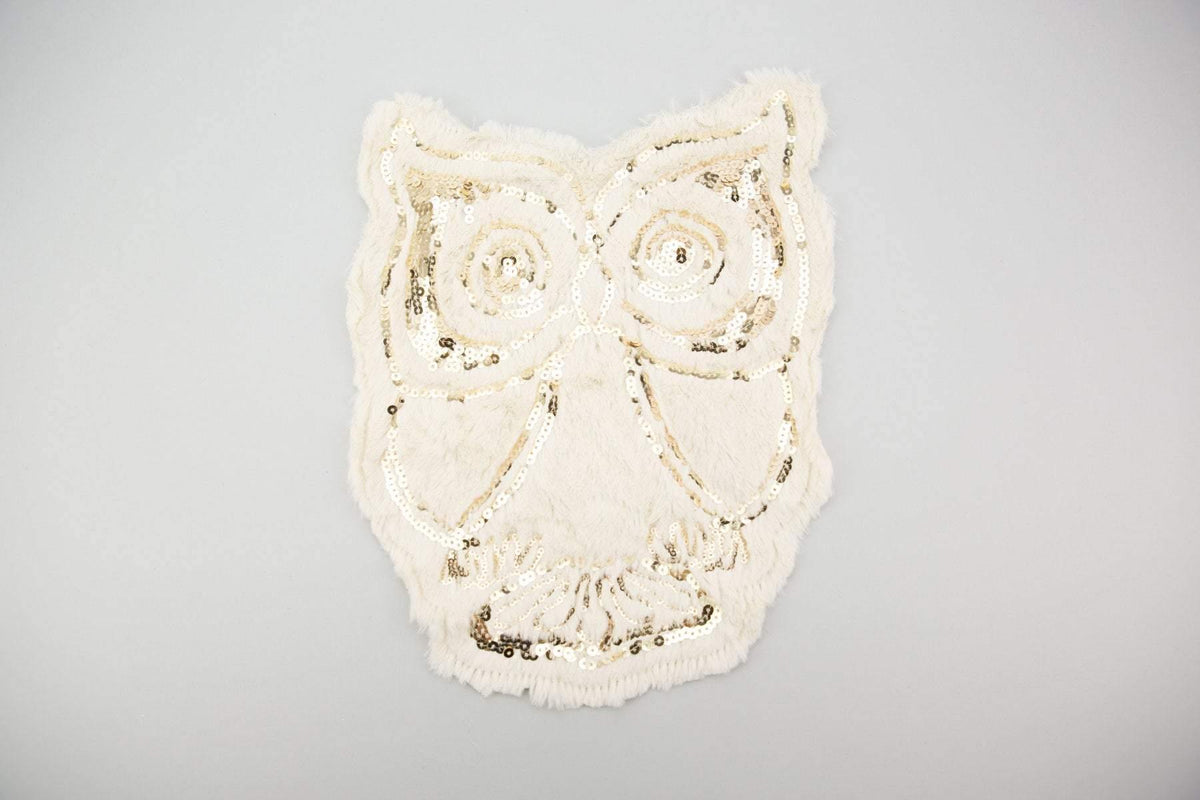 Cream and Gold Sequined Furry Owl Applique APP00152 - Felinus Fabrics