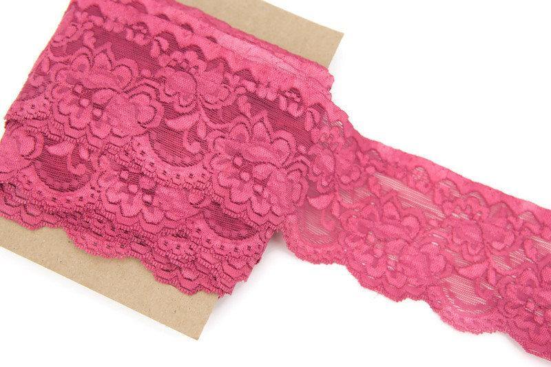 Dark Pink Floral Stretch Lace Trim 3 Inches Wide 7 yards SLT00176 - Felinus Fabrics