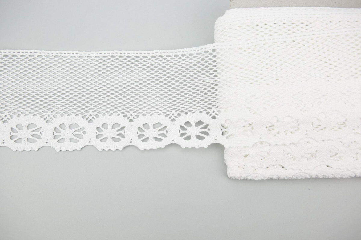 White Floral Crochet Style Cotton Lace Trim 4-5/8 inches width by the yard NLT00334 - Felinus Fabrics