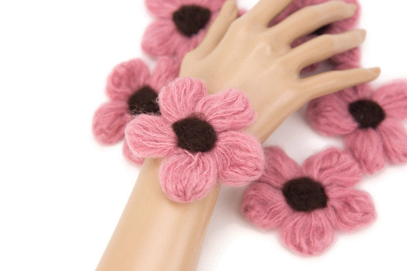 Pink and Brown Flower Knit Crochet 6 Pieces for Newborn Headbands Toddlers Accessories Doll Clothing