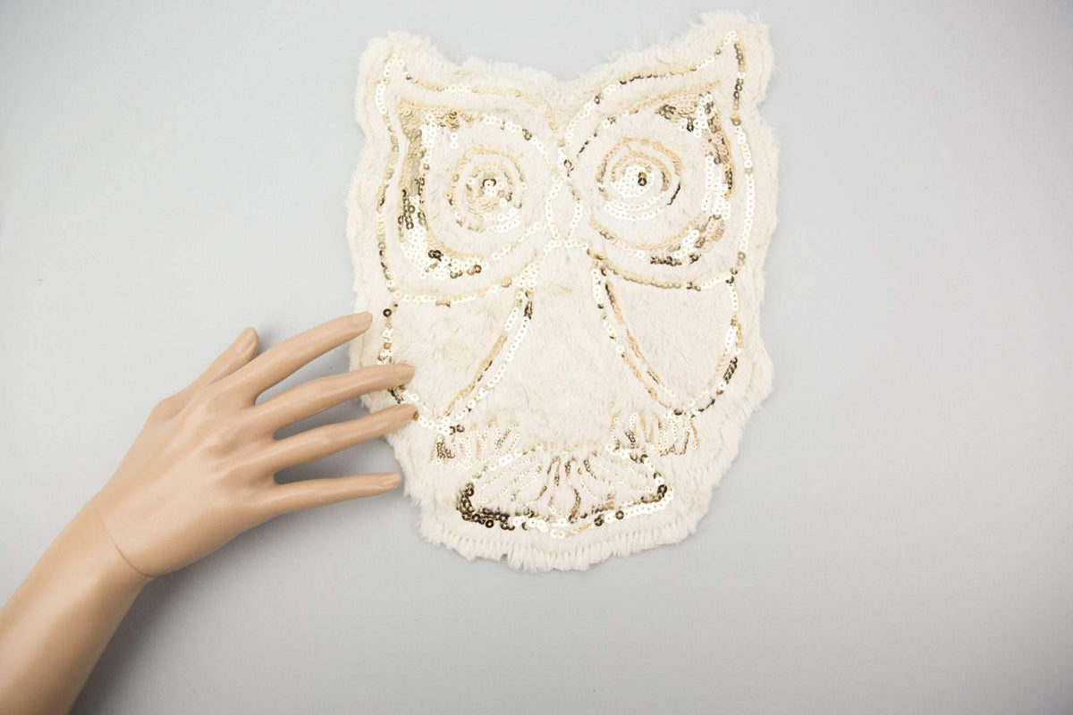 Cream and Gold Sequined Furry Owl Applique APP00152 - Felinus Fabrics