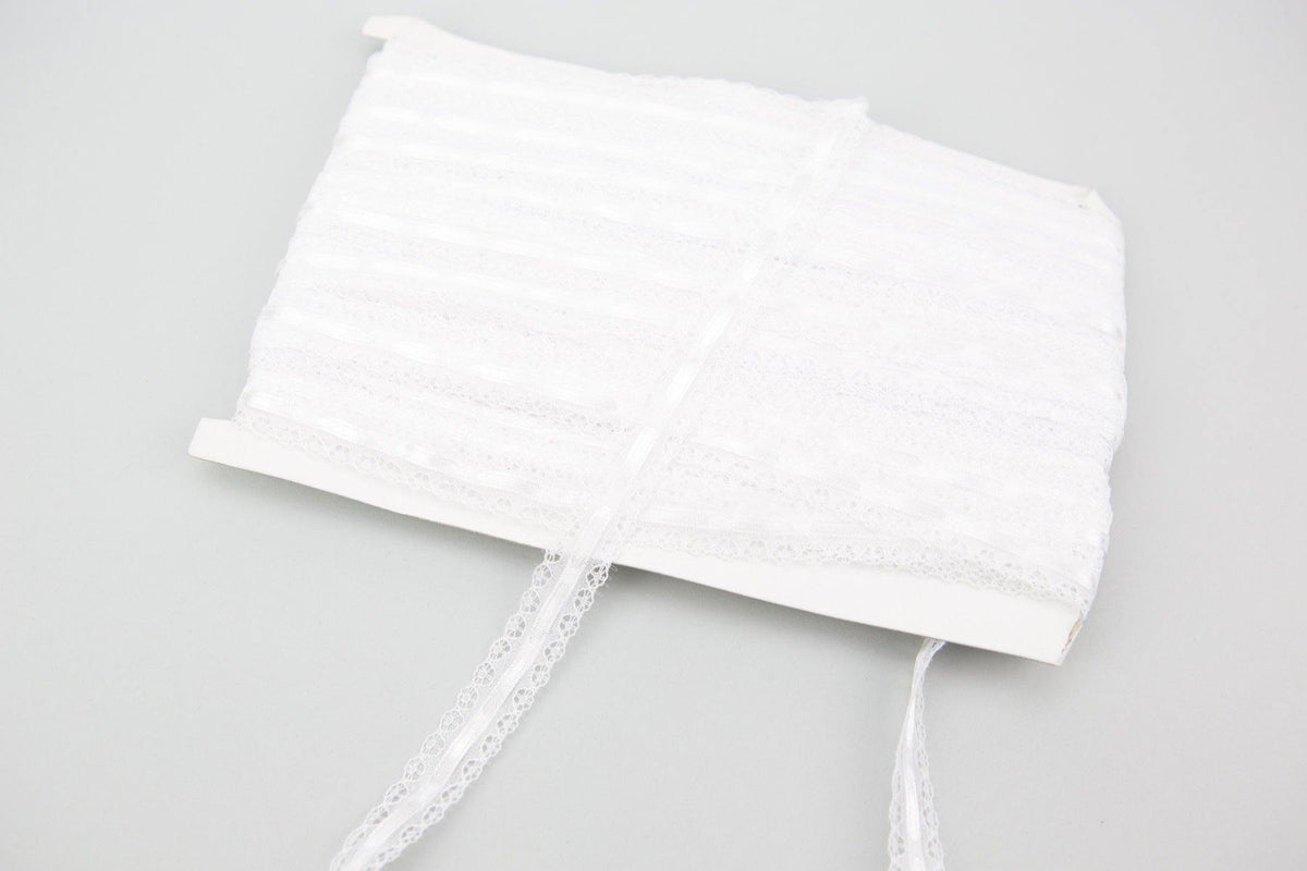 White Lace and Satin Ribbon Lace Through Trim 5/8 inch width 5 yards NLT00327 - Felinus Fabrics