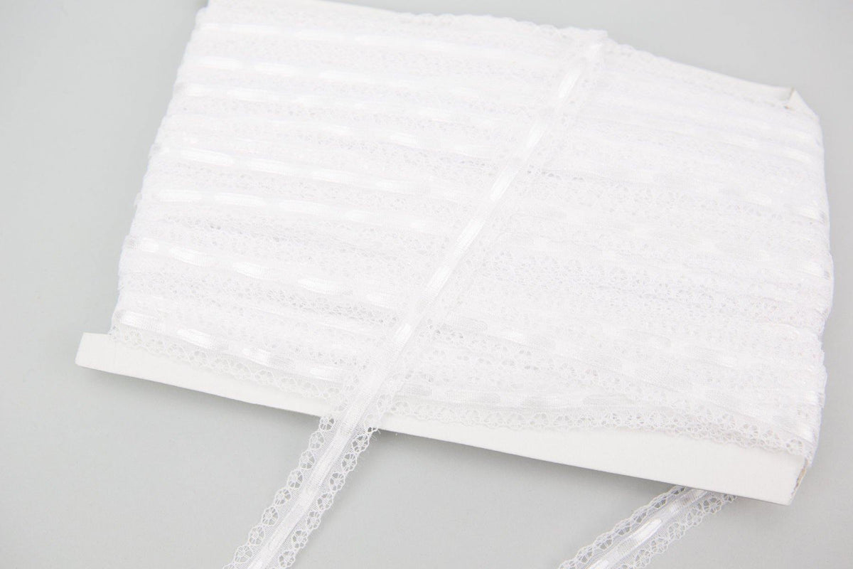 White Lace and Satin Ribbon Lace Through Trim 5/8 inch width 5 yards NLT00327 - Felinus Fabrics