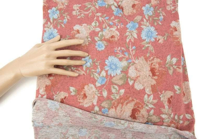 Heather Dark Blush and Blue Floral Print Sweater Knit Fabric 1 yard and 24 inches length OSK00924 - Felinus Fabrics