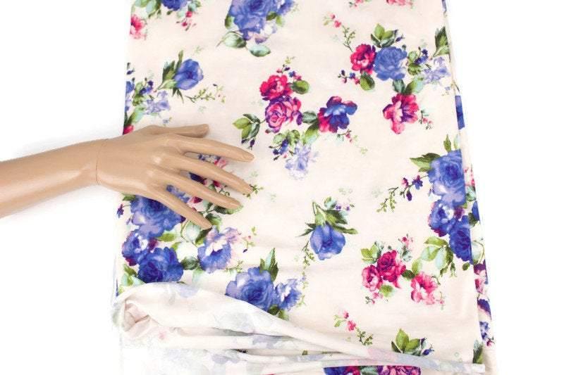 Blue and Dark Pink on Vanilla Floral Knit Jersey Fabric by the yard - Felinus Fabrics