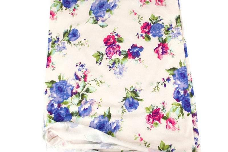Blue and Dark Pink on Vanilla Floral Knit Jersey Fabric by the yard - Felinus Fabrics