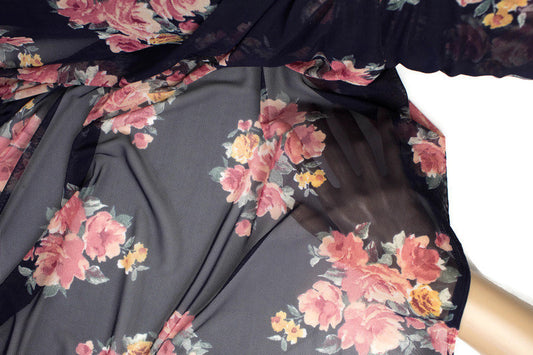Pink and Navy Floral Stretch Mesh Fabric Extra Wide by the yard
