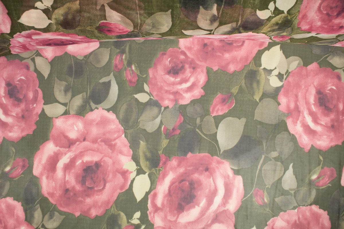 Blush Pink and Green Rose Floral Stretch Mesh Fabric Extra Wide by the yard - Felinus Fabrics