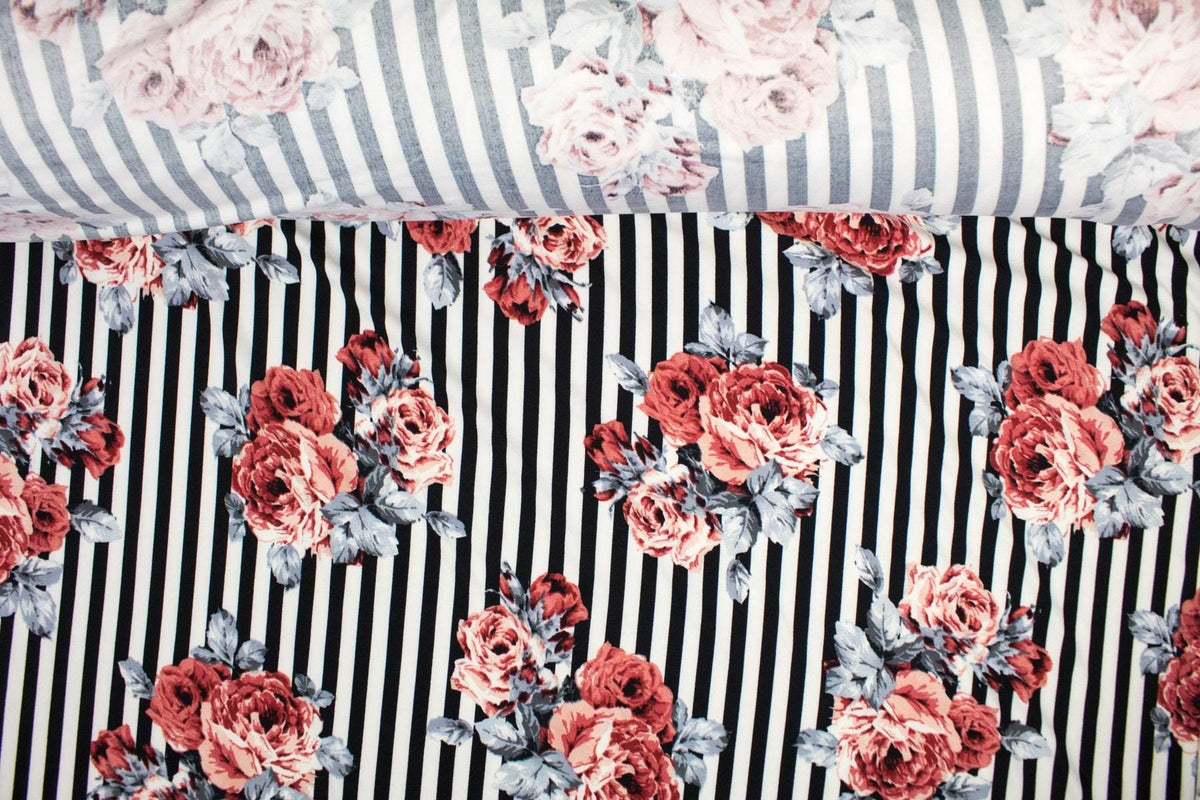 Black and White Stripe with Floral Brushed Polyester Spandex Knit Fabric Sporty Athletic Yoga Headbands by the yard - Felinus Fabrics