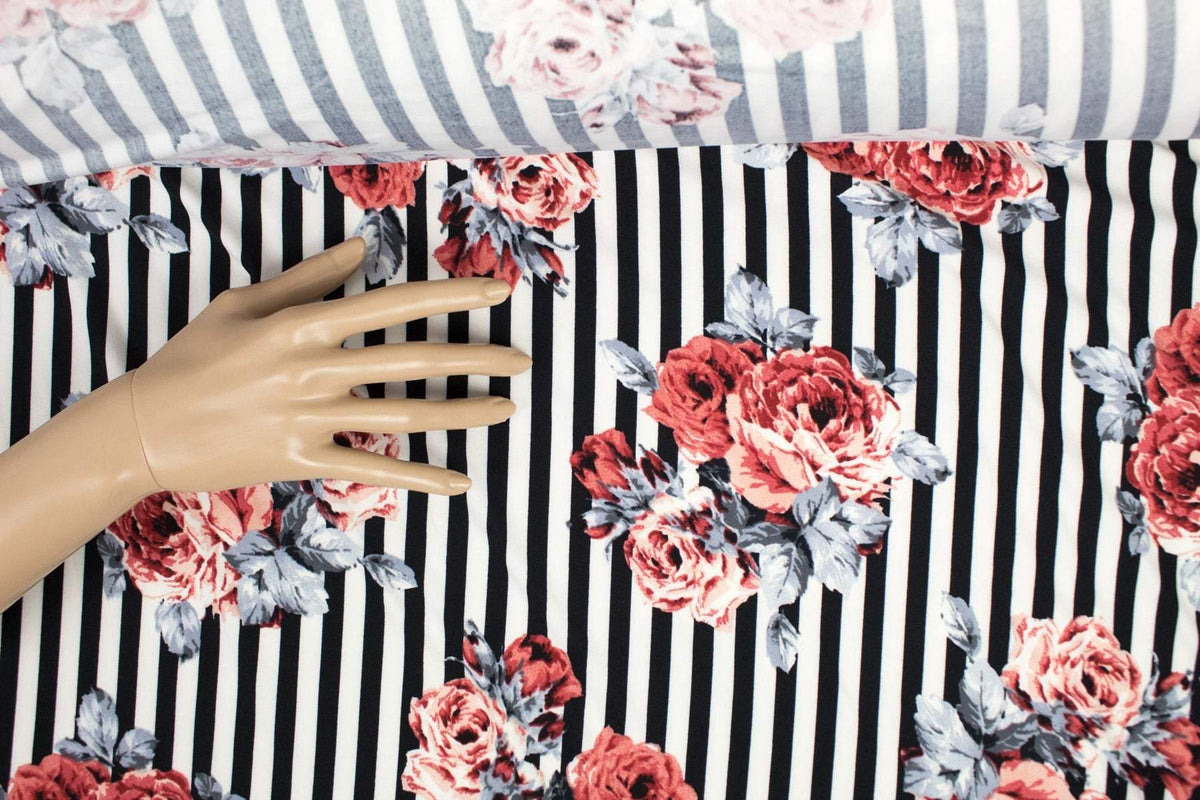Black and White Stripe with Floral Brushed Polyester Spandex Knit Fabric Sporty Athletic Yoga Headbands by the yard - Felinus Fabrics