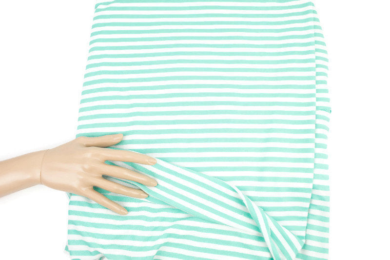 Mint Green and Off White Narrow Stripe Baby French Terry Knit Fabric by the yard