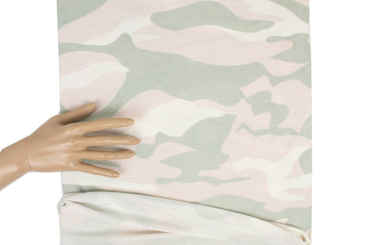 Light Pink and Light Sage Green Camouflage Print Sweater Knit Fabric 1.75 yards - Felinus Fabrics