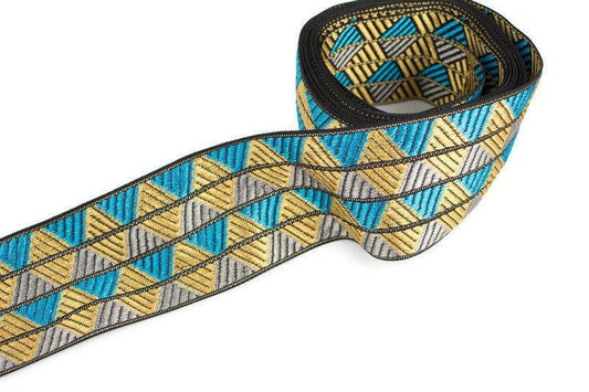 Gold Blue and Silver Triangle Design Brocade Trim 2.5 inches width x 4.5 yards ATN00896 - Felinus Fabrics