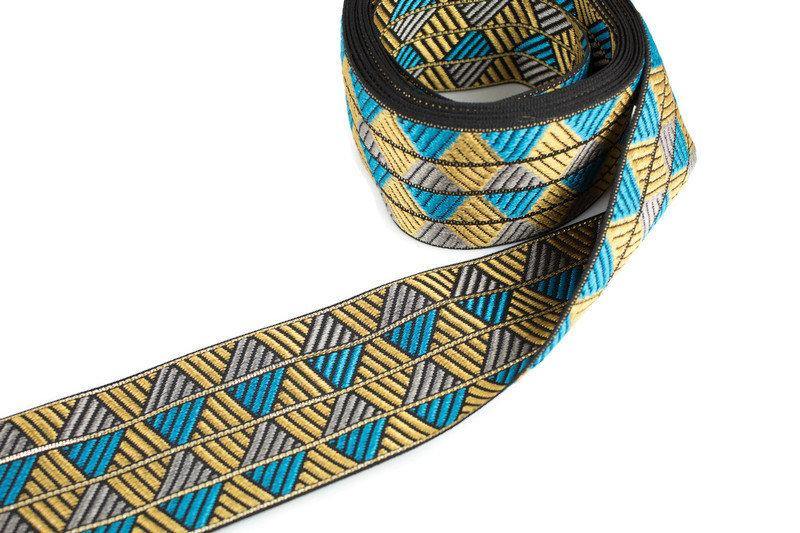 Gold Blue and Silver Triangle Design Brocade Trim 2.5 inches width x 4.5 yards ATN00896 - Felinus Fabrics