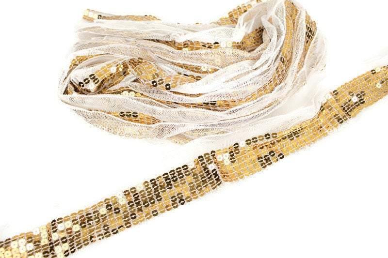 Gold Sequins on White Mesh Trim Scrap Pack Scrap Bundle Pack 8 pieces each piece 40 inches length SPK00082 - Felinus Fabrics
