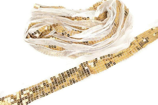 Gold Sequins on White Mesh Trim Scrap Pack Scrap Bundle Pack 8 pieces each piece 40 inches length SPK00082 - Felinus Fabrics