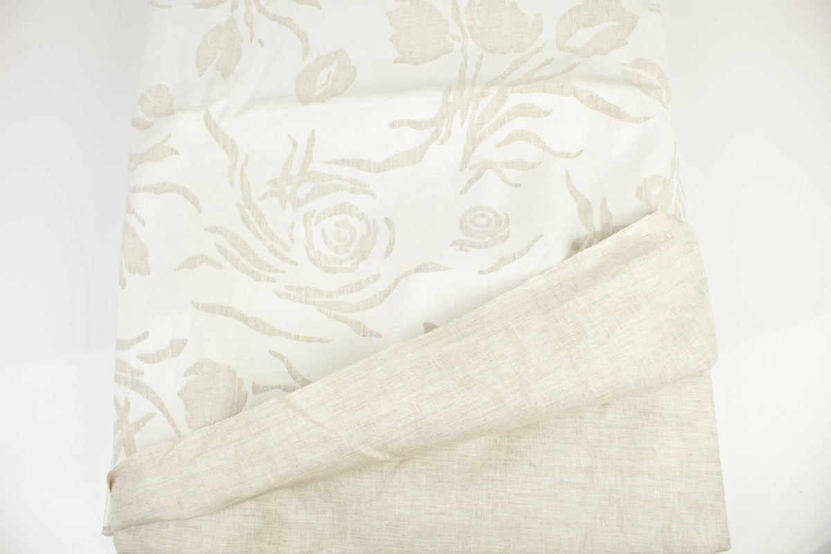 Off White and Light Beige Floral Novelty Linen Woven Fabric with Coating by the yard