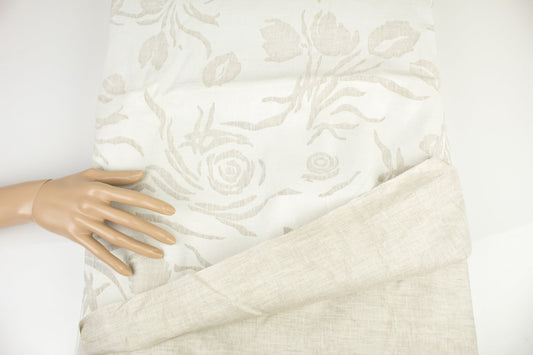 Off White and Light Beige Floral Novelty Linen Woven Fabric with Coating by the yard