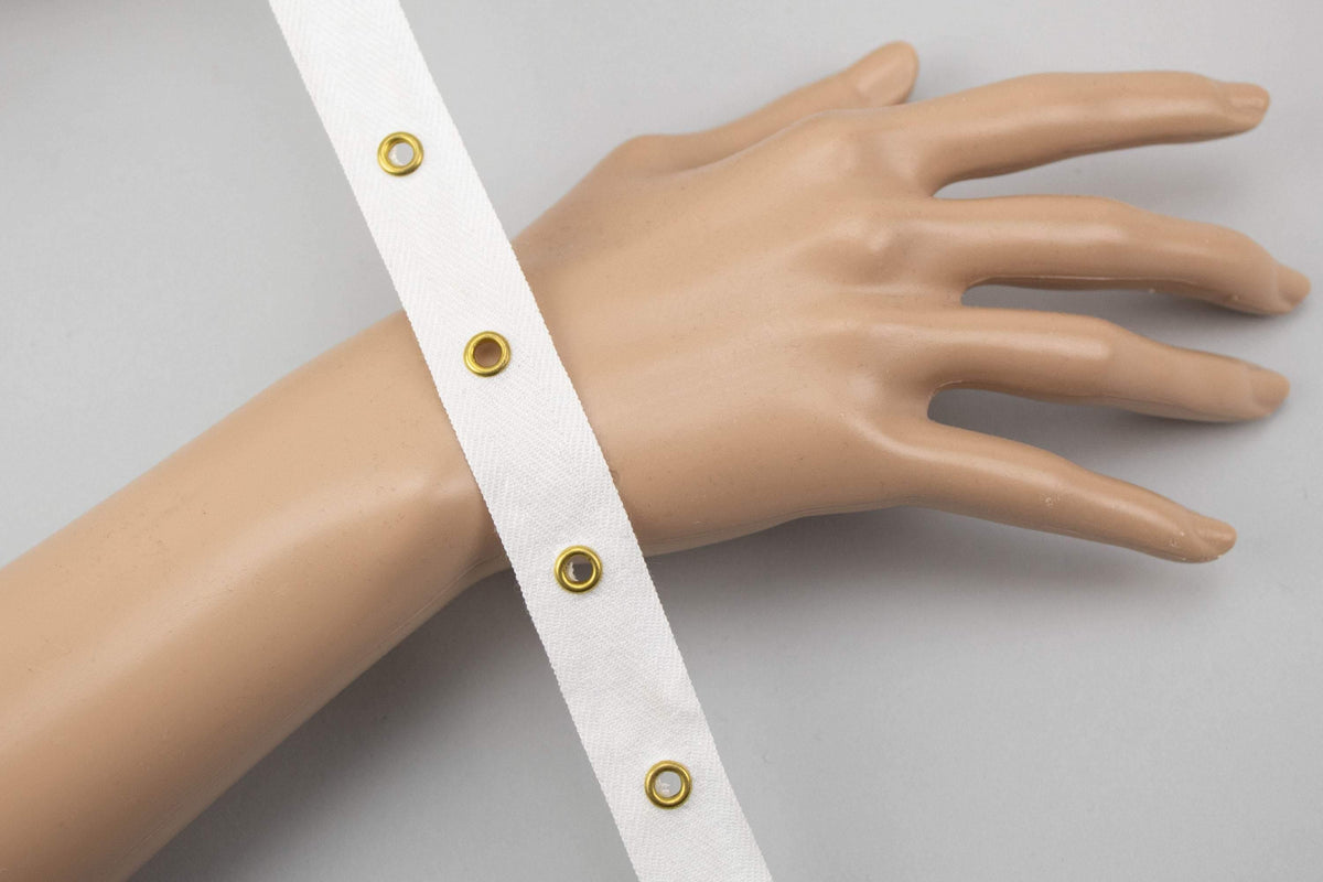 White Grommet Tape with Gold Eyelet Cotton Twill Tape on Trim 5 yards ATN00940 - Felinus Fabrics