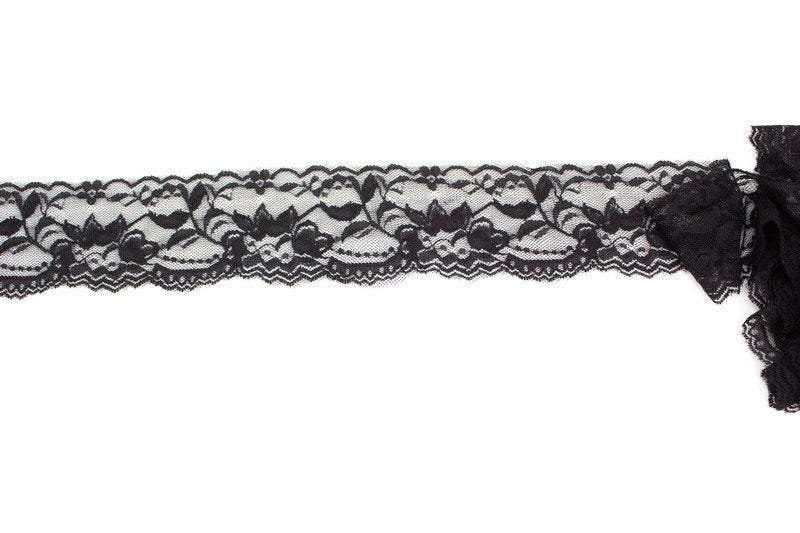 Black Floral Stretch Lace Trim 2-1/8 inches width x 5 yards - Felinus Fabrics