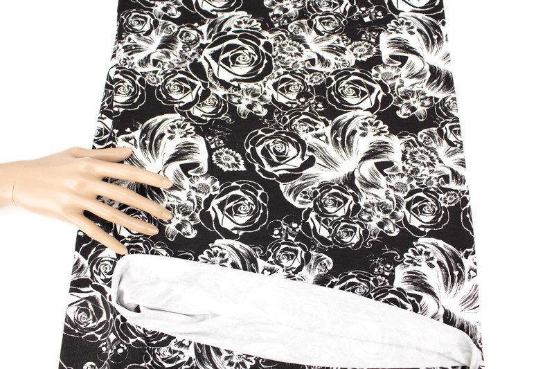 Black and White Skulls and Floral Print Knit Jersey Fabric by Lauren Moshi by the yard - Felinus Fabrics