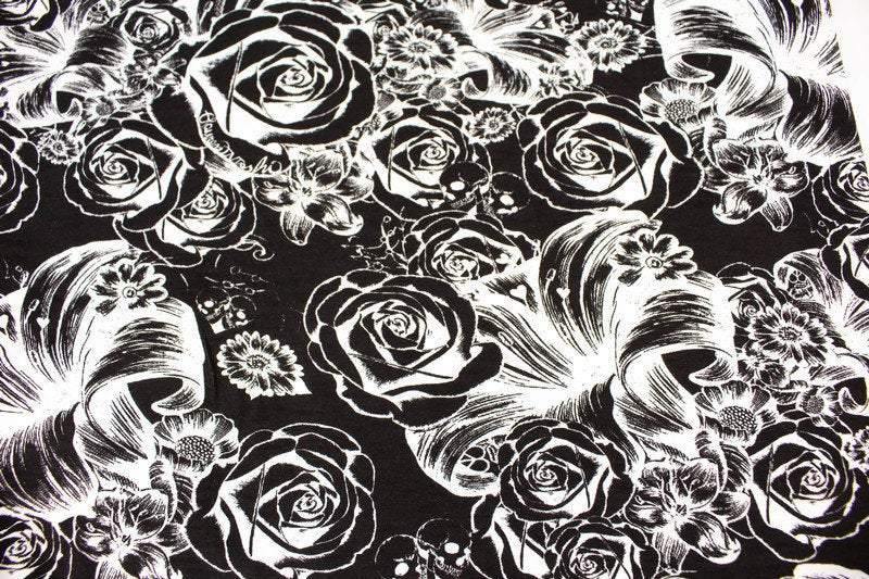 Black and White Skulls and Floral Print Knit Jersey Fabric by Lauren Moshi by the yard - Felinus Fabrics