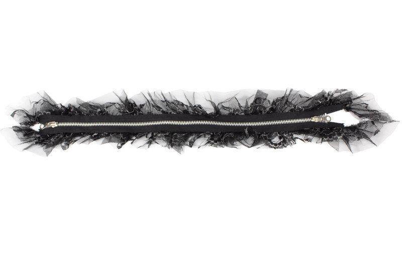 Black Two Way Zipper with Silver Metal Teeth and Ruffled Lace and Mesh - Felinus Fabrics