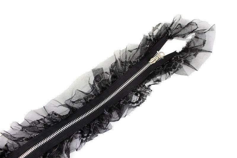 Black Two Way Zipper with Silver Metal Teeth and Ruffled Lace and Mesh - Felinus Fabrics