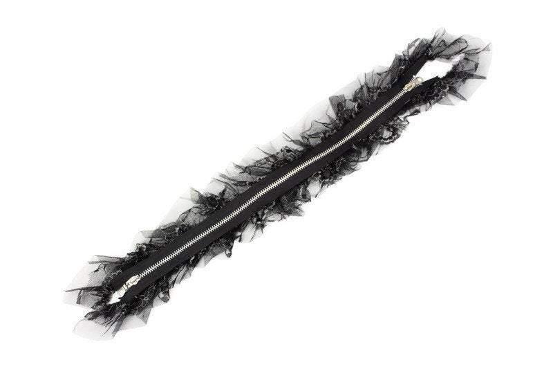Black Two Way Zipper with Silver Metal Teeth and Ruffled Lace and Mesh - Felinus Fabrics