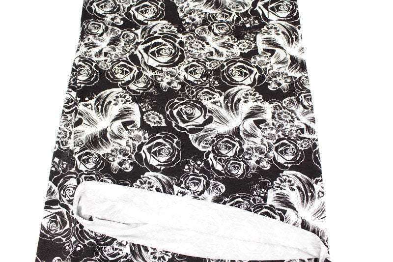 Black and White Skulls and Floral Print Knit Jersey Fabric by Lauren Moshi by the yard - Felinus Fabrics