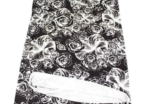 Black and White Skulls and Floral Print Knit Jersey Fabric by Lauren Moshi by the yard - Felinus Fabrics