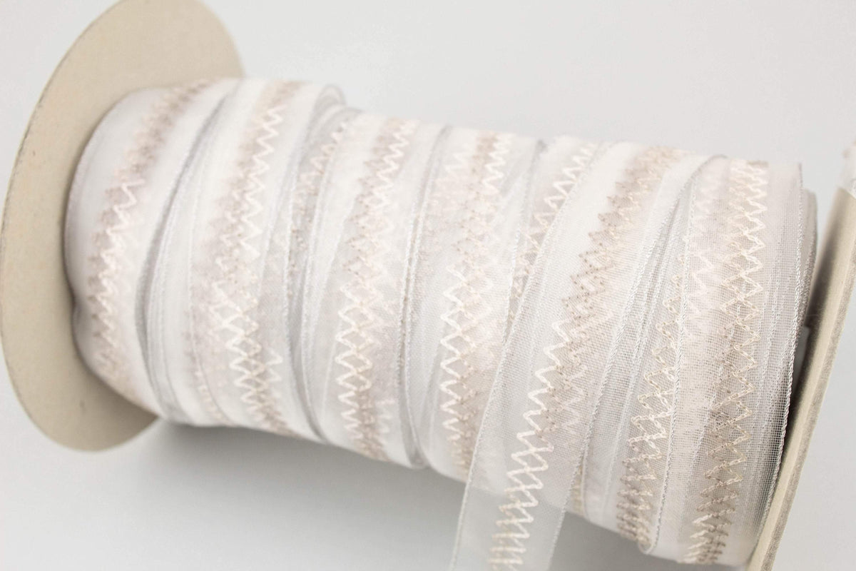 Off White and Gray Translucent Mesh Chevron Trim Nylon and Metal Rare Italian Made x 5 yards ATN00975 - Felinus Fabrics