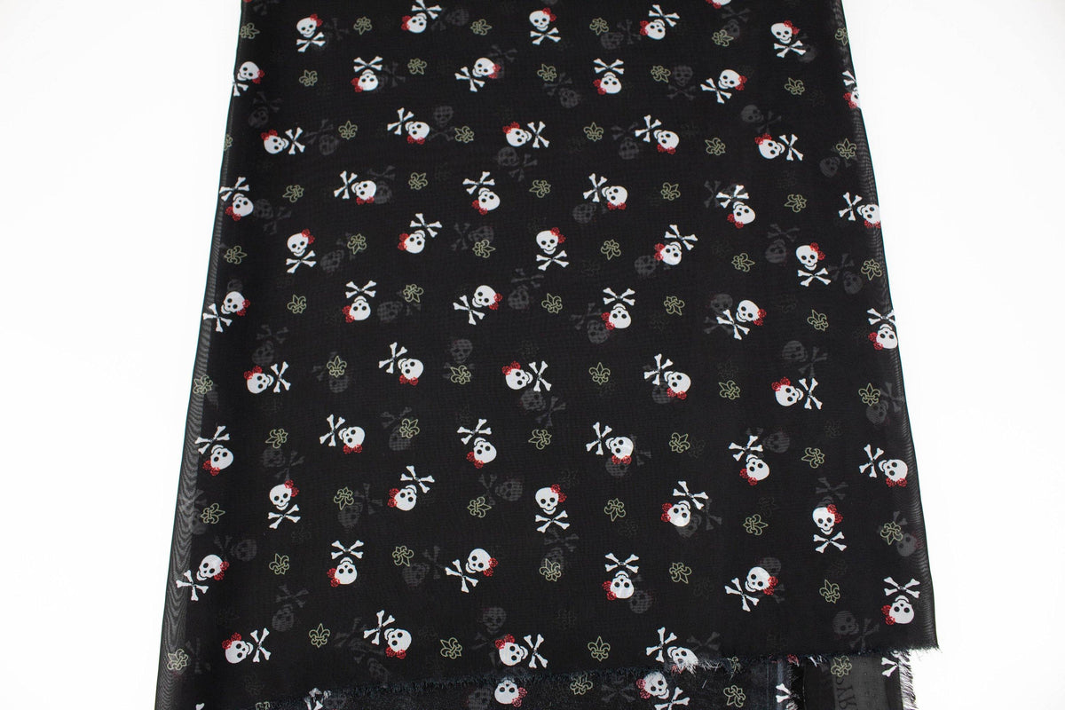 Black Skull and Cross Bone Chiffon Fabric by the yard - Felinus Fabrics