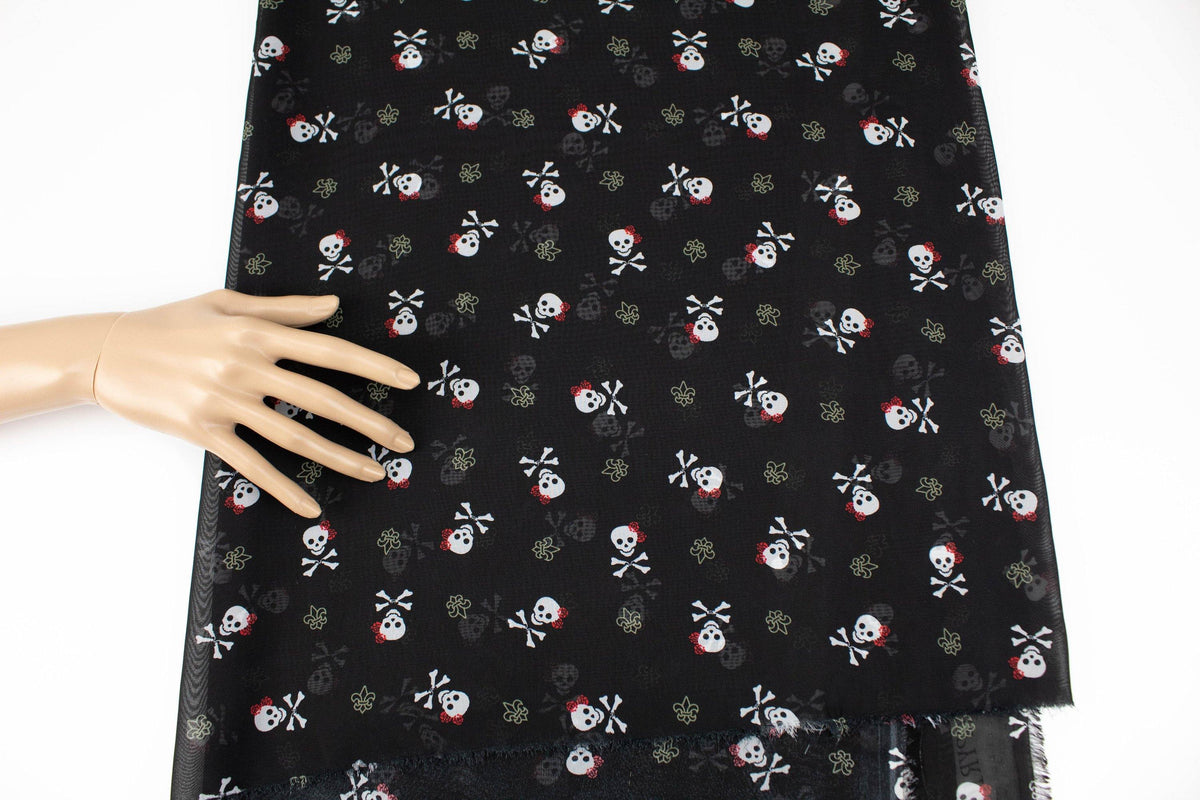 Black Skull and Cross Bone Chiffon Fabric by the yard - Felinus Fabrics