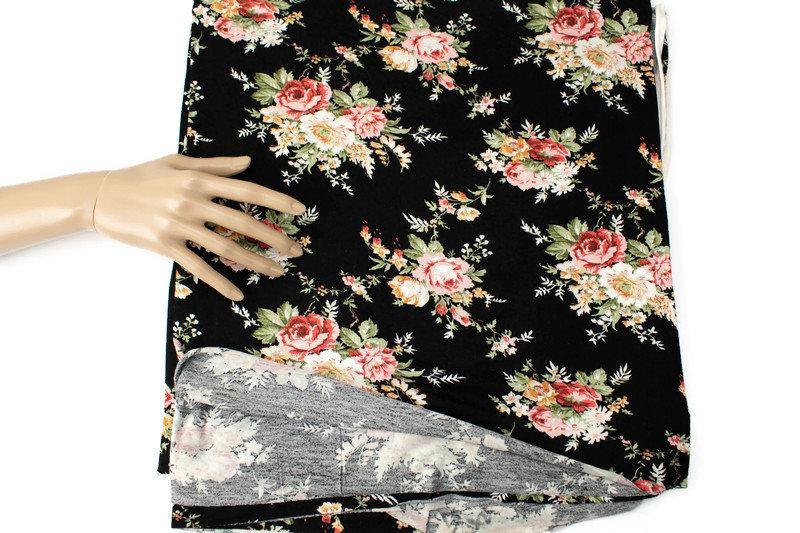 Black and Coral Multi Floral Knit Jersey Fabric by the yard - Felinus Fabrics