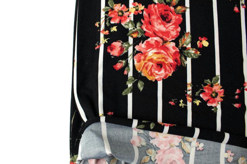 Black and White Stripe with Red Floral Brushed Polyester Spandex Knit Fabric Sporty Athletic Yoga Headbands by the yard - Felinus Fabrics