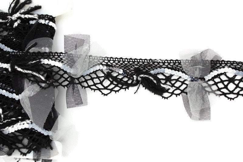 Black and White Fancy Embellished Lace Trim by Bacus Lace Made in France Designer Lace 1-1/8 inches width per yard - Felinus Fabrics