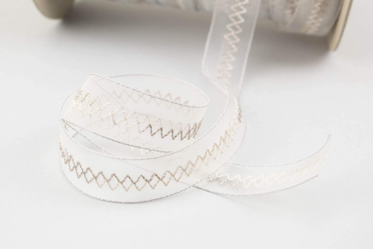 Off White and Gray Translucent Mesh Chevron Trim Nylon and Metal Rare Italian Made x 5 yards ATN00975 - Felinus Fabrics