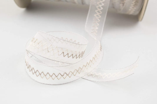 Off White and Gray Translucent Mesh Chevron Trim Nylon and Metal Rare Italian Made x 5 yards ATN00975 - Felinus Fabrics