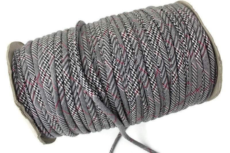 Black White and Red Plaid Hounds tooth Woven Trim Spaghetti Straps Hollow Tube Tubular Trim 5 yards - Felinus Fabrics