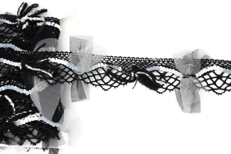Black and White Fancy Embellished Lace Trim by Bacus Lace Made in France Designer Lace 1-1/8 inches width per yard - Felinus Fabrics