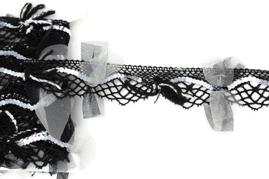 Black and White Fancy Embellished Lace Trim by Bacus Lace Made in France Designer Lace 1-1/8 inches width per yard - Felinus Fabrics