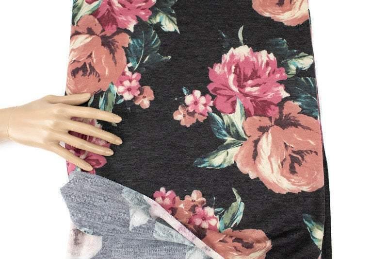 Heather Gray and Blush Floral Print Baby French Terry Knit Fabric by the yard FTK00793R - Felinus Fabrics