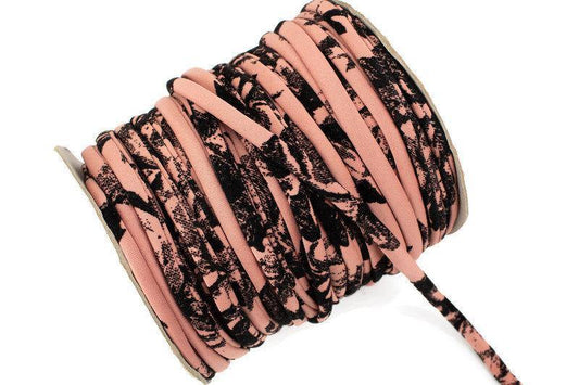 Peach and Black Floral Flocked Ponte Knit Trim Spaghetti Strap Trim Hollow Tube Tubular Trim 5 yards  ATN01006 - Felinus Fabrics