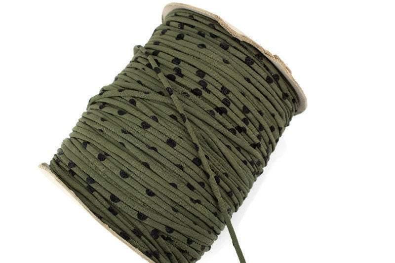 Olive Green and Black Polka Dot Crepe Woven Trim Spaghetti Straps Hollow Tube Tubular IMPERFECT 5 yards ATN01010 - Felinus Fabrics