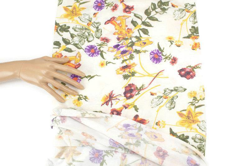 Purple and Yellow on Cream Floral Knit Jersey Fabric 2.5 yards PDK00695 - Felinus Fabrics