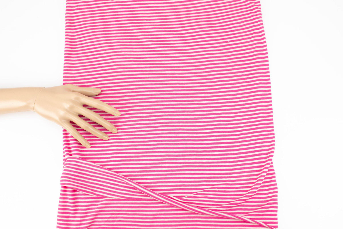 Dark Pink and Off White Narrow Stripe Speckled Knit Jersey Fabric by the yard STK00263R - Felinus Fabrics